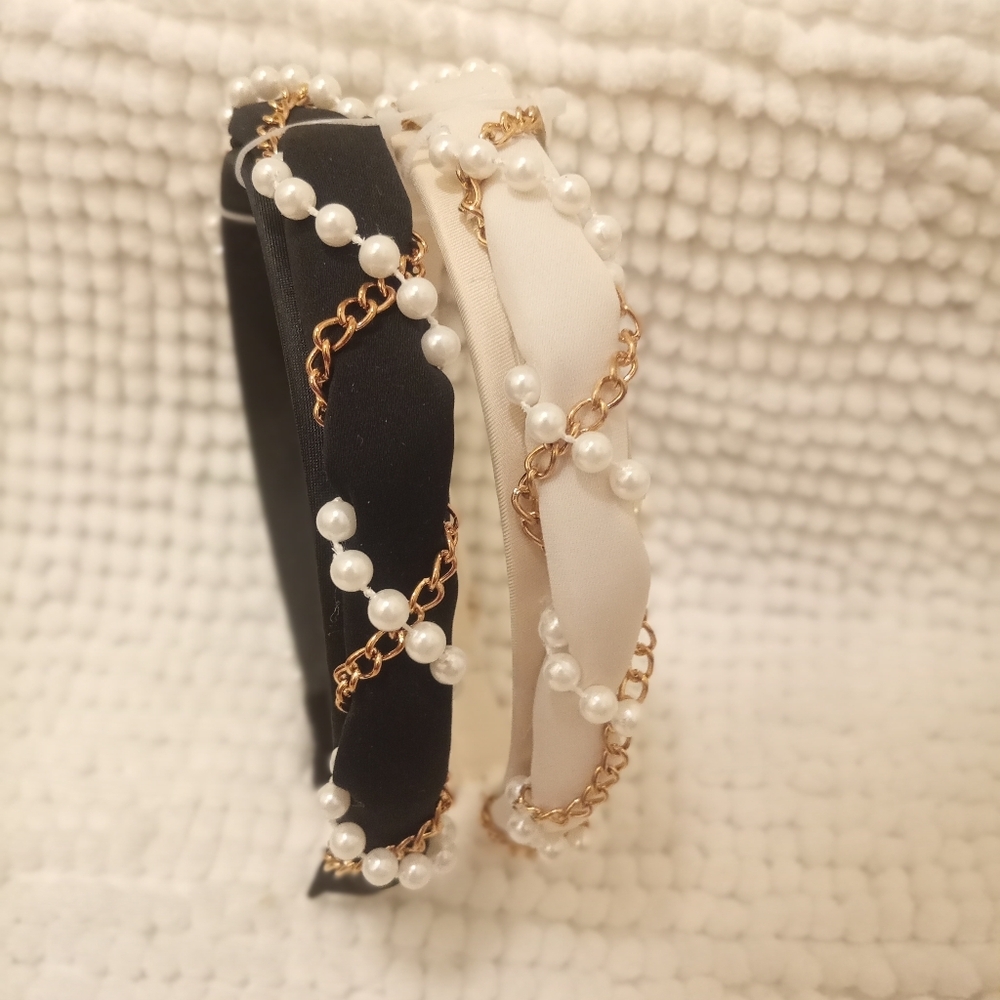 ￼Chris Rubin Kiko Headband -Black And Cream W Pearls/gold Chain